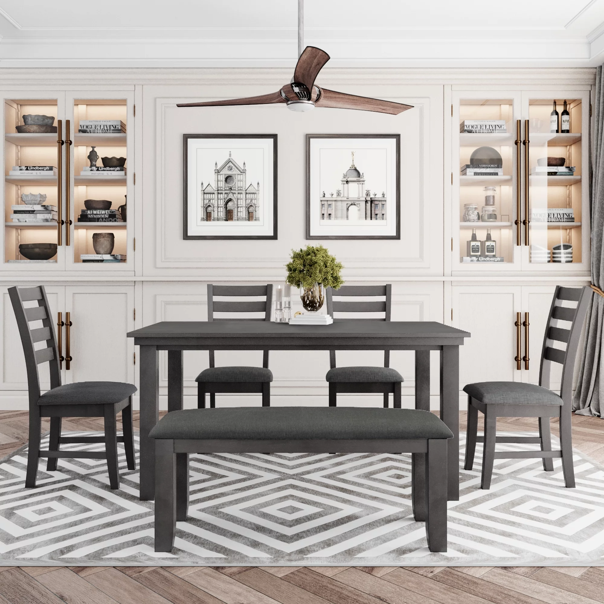 CoSoTower Dining Room Table And Chairs With Bench, Rustic Wood Dining Set, Set Of 6, Gray