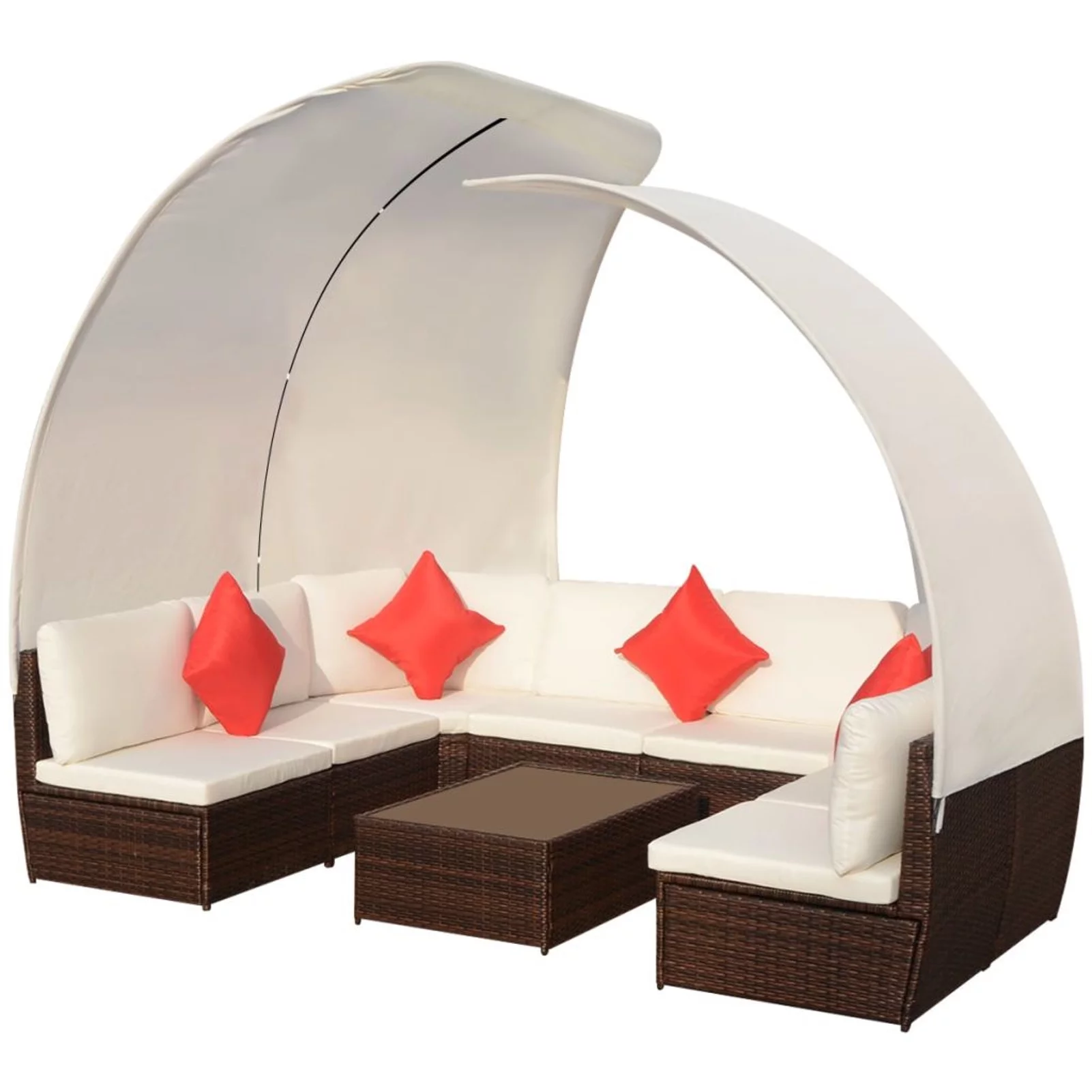 Dcenta 9 Piece Garden Conversation Set Cream White Cushioned 6 Center and 2 Corner Sofas with Coffee Table Brown Poly Rattan Sectional Outdoor Furniture Set for Patio, Backyard, Poolside