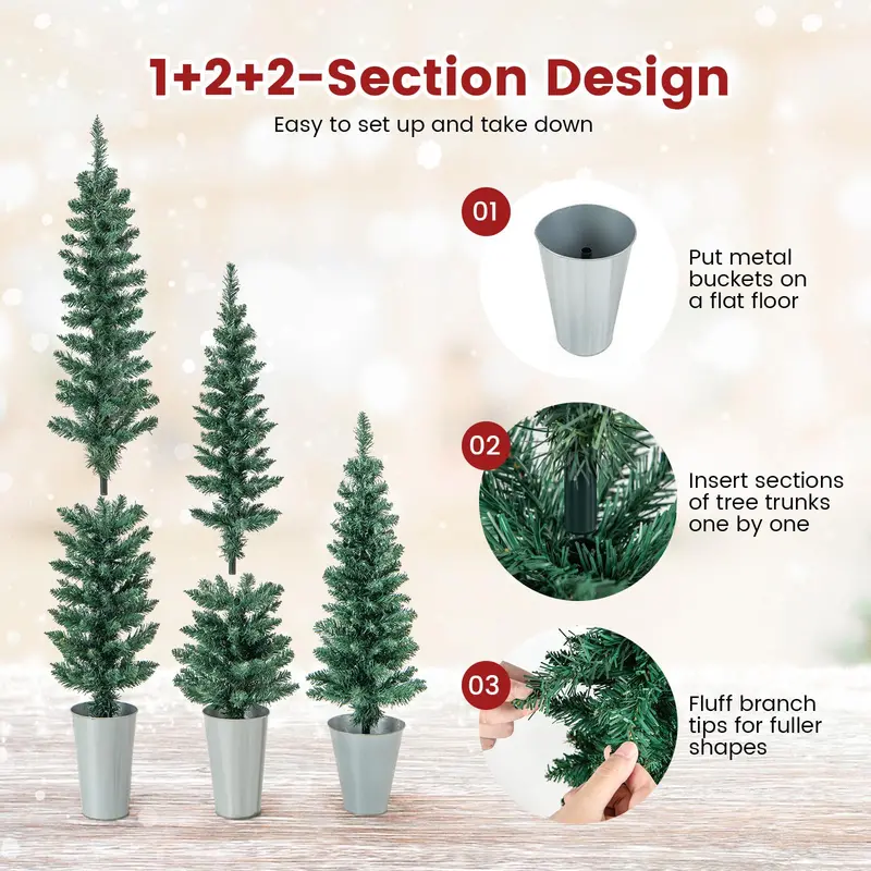 Three-Tier Slim Artificial Christmas Tree Set – 3′, 4′, 5′ Pencil Styles in Metal Buckets