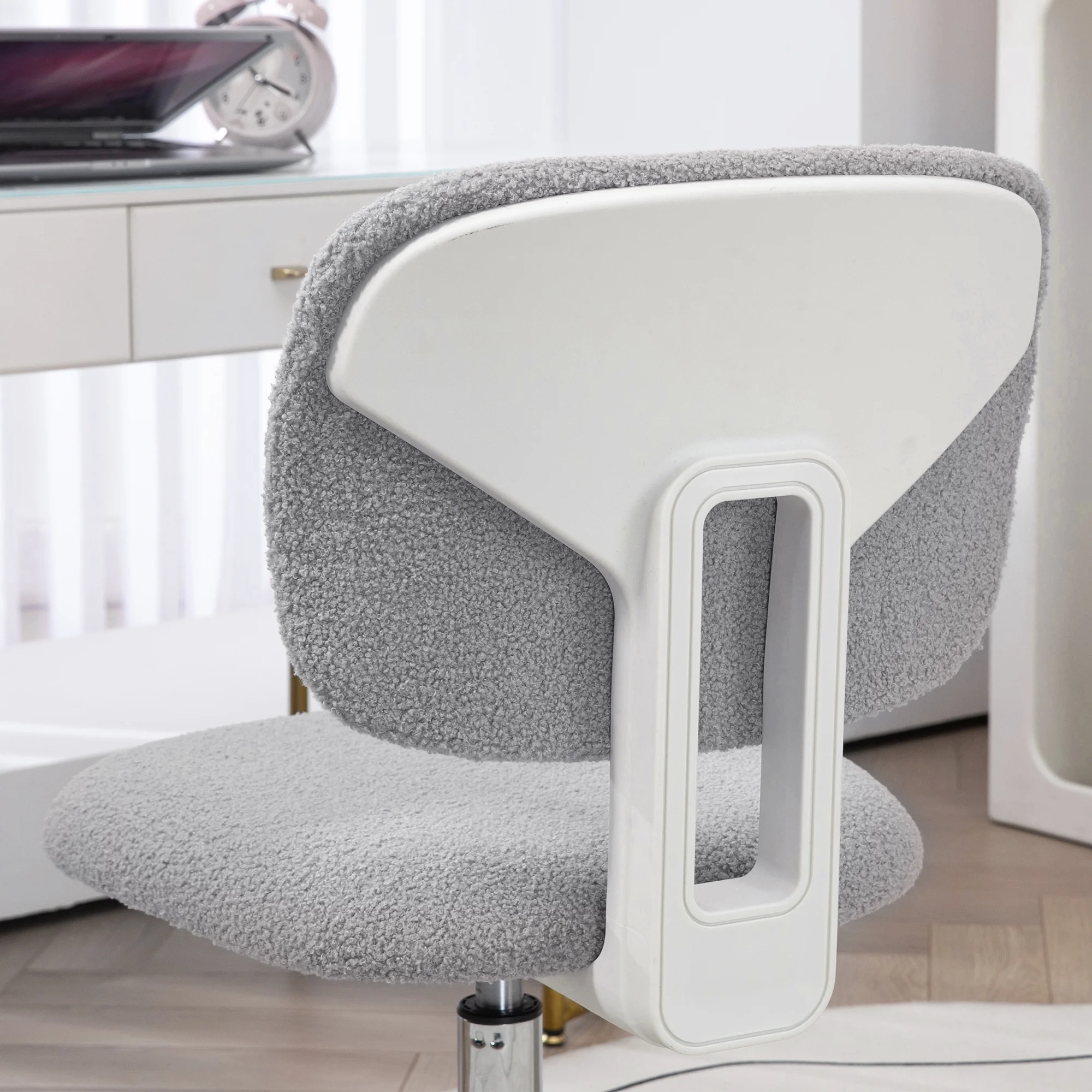 CoSoTower Cute Armless Office Chair, Teddy Fleece Fabric Computer Desk Chair, Vanity Task Chair with Adjustable Height, Swivel Wheels, Mid Back, Light Gray