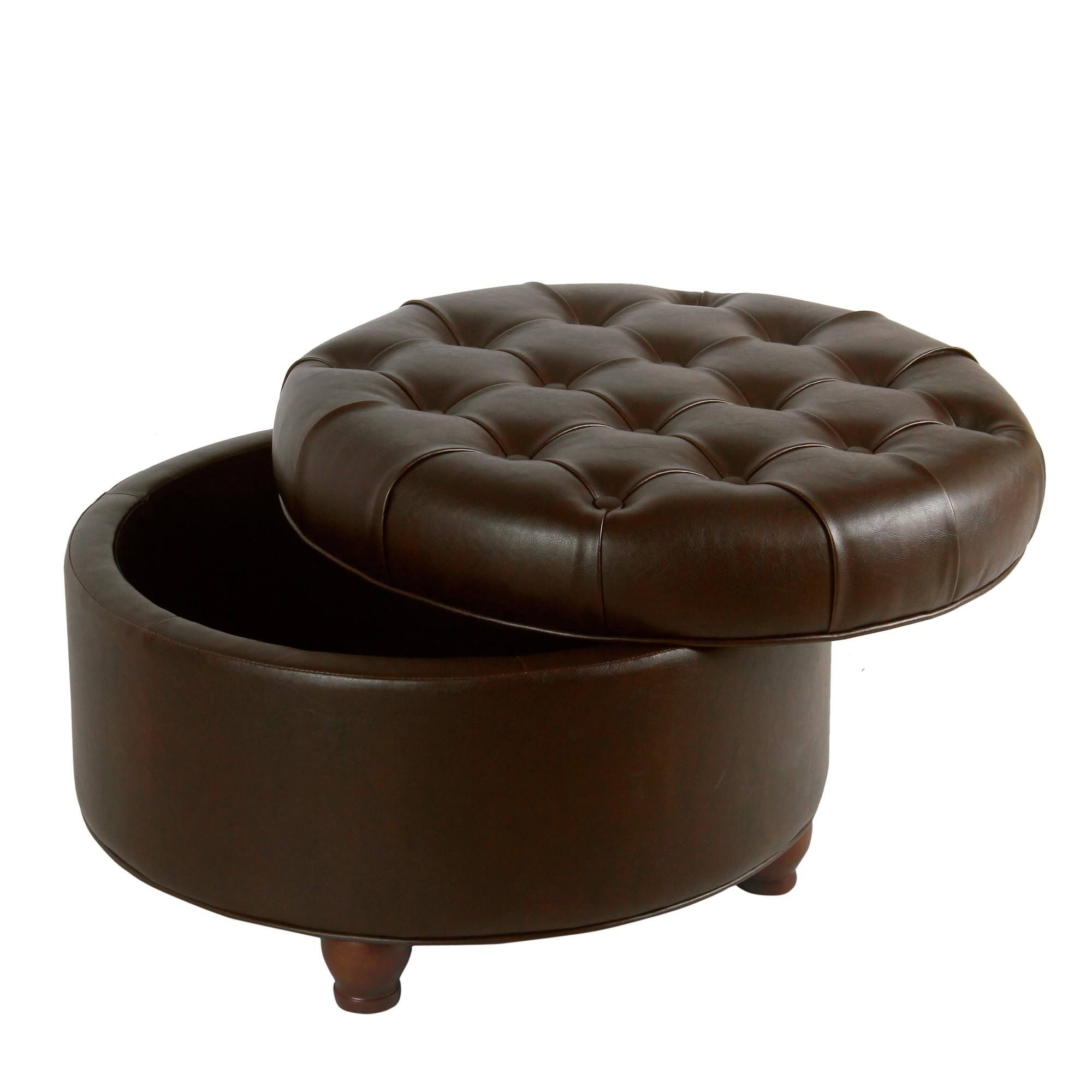 HomePop Large Faux Leather Tufted Round Storage Ottoman, Brown