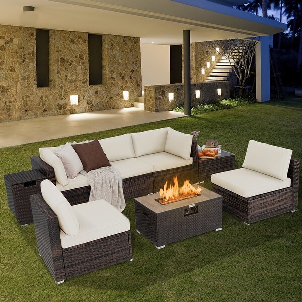Costway 8PCS Patio Rattan Furniture Set Fire Pit Table Tank Holder