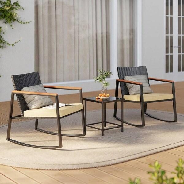 3 Piece Rocking Patio Bistro Set Wicker,Rocking Chair Pub Set with Glass Table