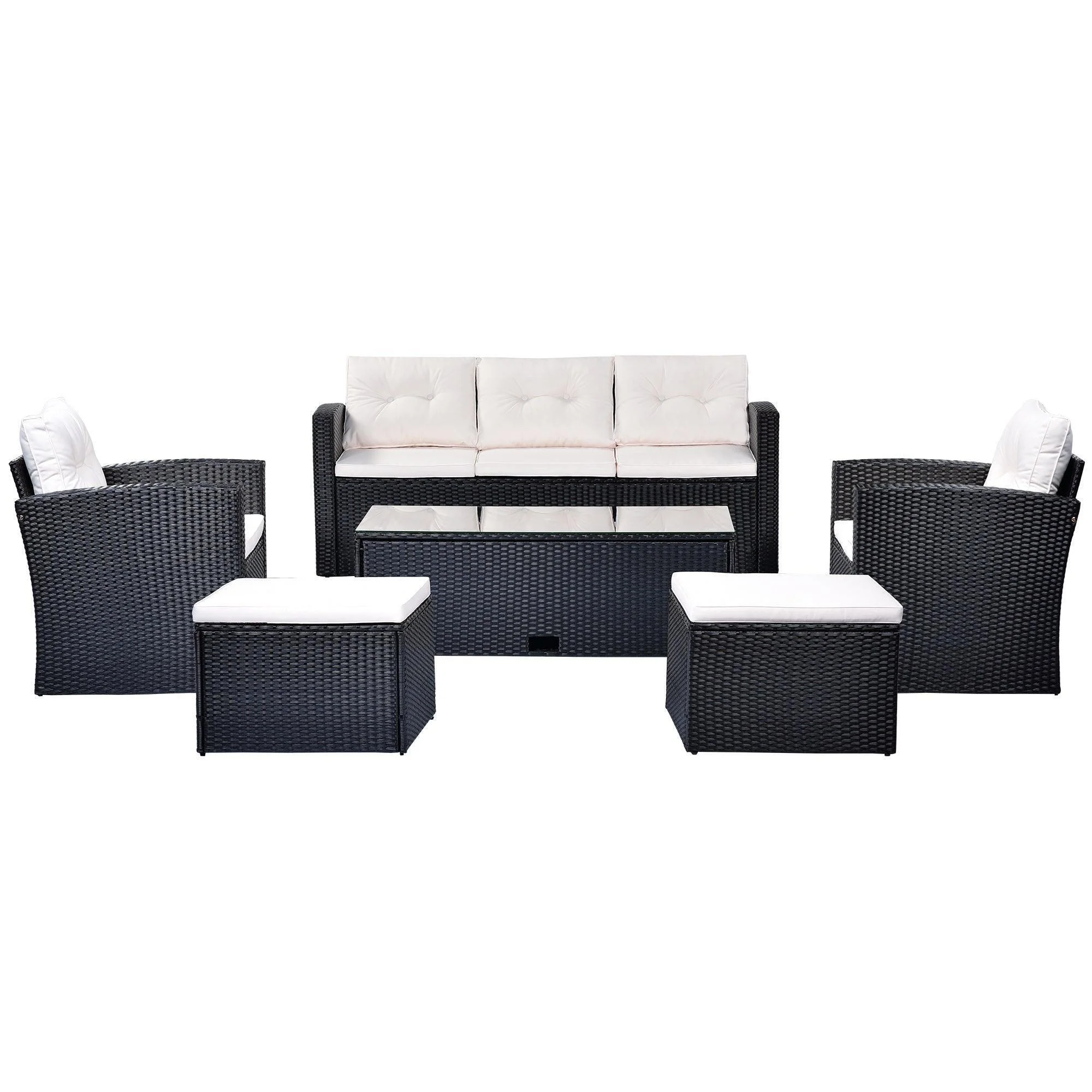 Supfirm 6-piece All-Weather Wicker PE rattan Patio Outdoor Dining Conversation Sectional Set with coffee table, wicker sofas, ottomans, removable cushions (Black wicker, Beige cushion)