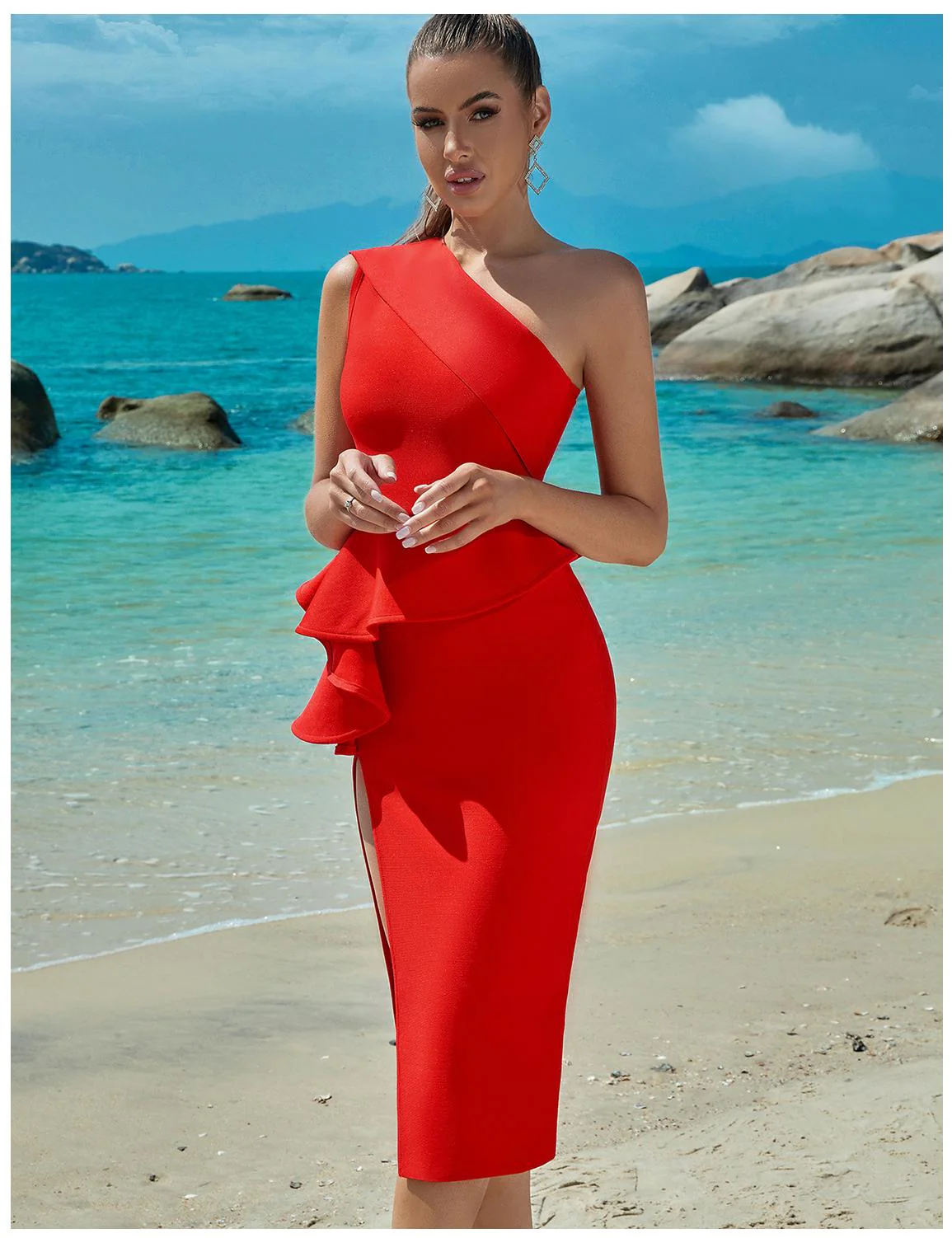One Shoulder Ruffled Slit Midi DressClistos