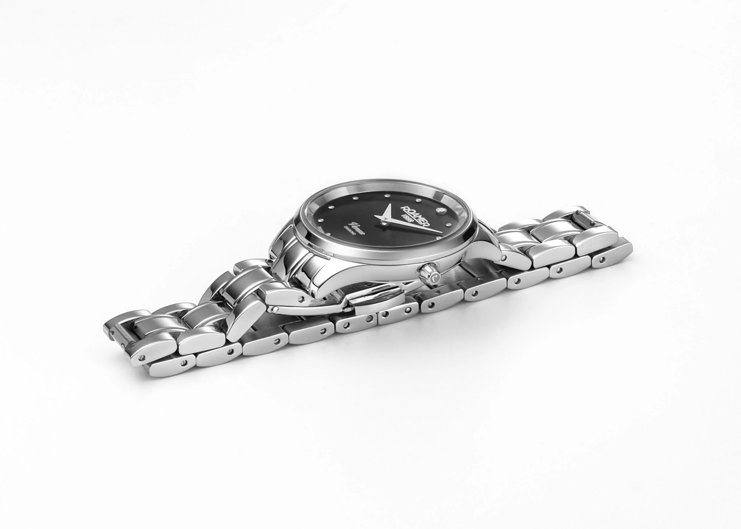 Venus Diamond 30mm Quartz Two-Hand Black Mop Silver Bracelet Sapphire glass Stainless Steel swiss watch