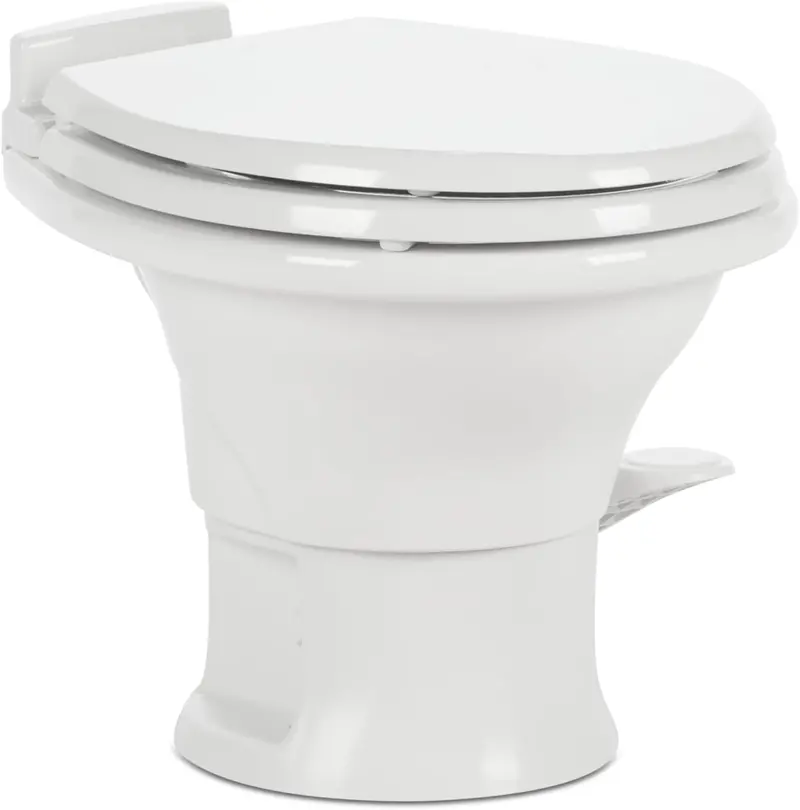Standard Height RV Toilet – White 320 Series Gravity Flush Toilet with Slow-Close Seat and Compact Design