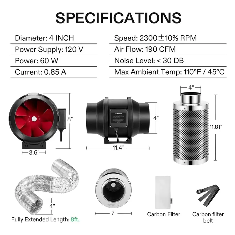 VIVOSUN Grow Tent Ventilation Kit – Adjustable Speed Fan & Ducting System for Indoor Gardens