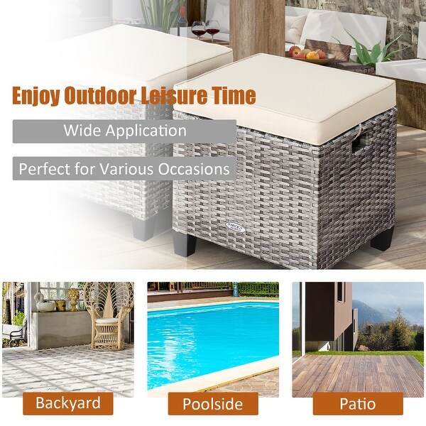 Costway 2PCS Patio Rattan Cushioned Ottoman Seat Foot Rest Table