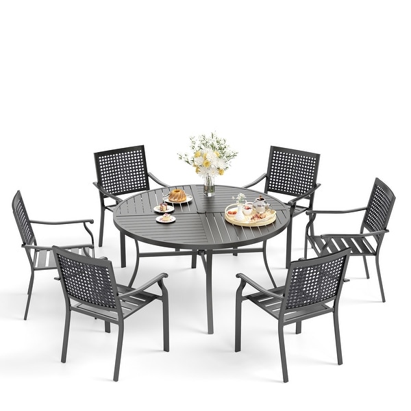 7Piece Patio Dining Set ,Large Round Dining Table with Umbrella Hole and Metal Swivel Dining Chairs