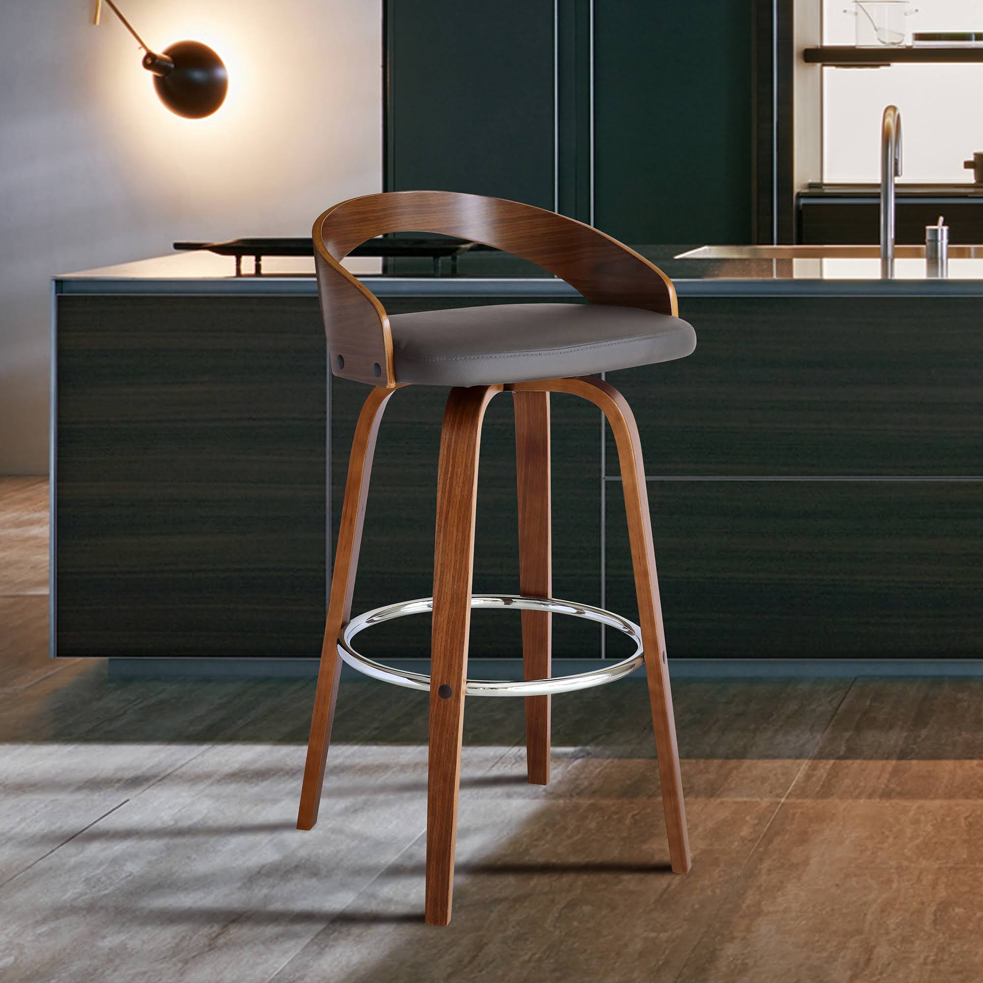 Armen Living Sonia 26x22 Counter Height Barstool in Walnut Wood Finish with Gray Faux Leather