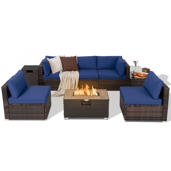 Costway 8PCS Patio Rattan Furniture Set Fire Pit Table Tank Holder