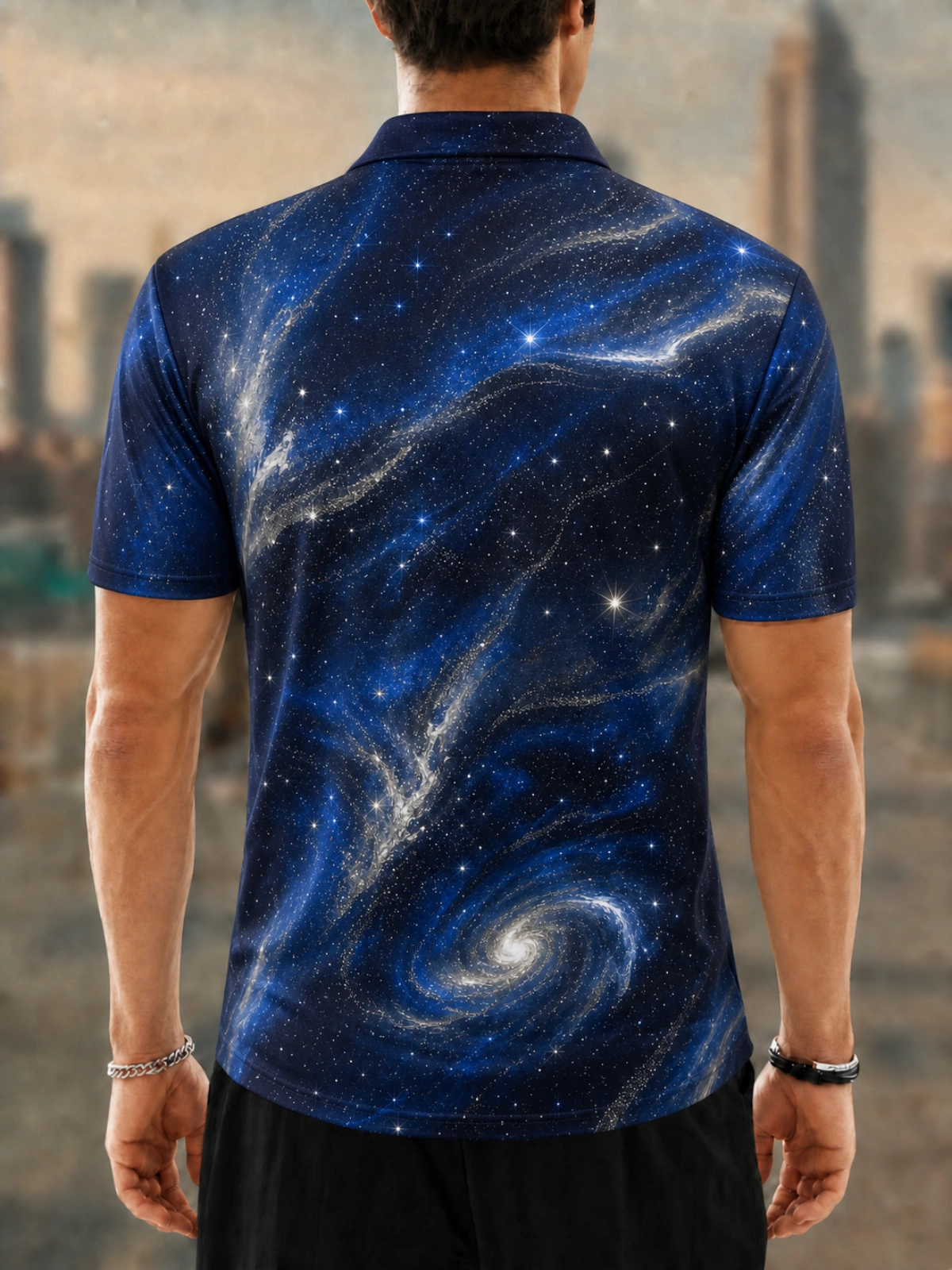 Men's Navy Starry Galaxy Printed Golf Polo Shirt