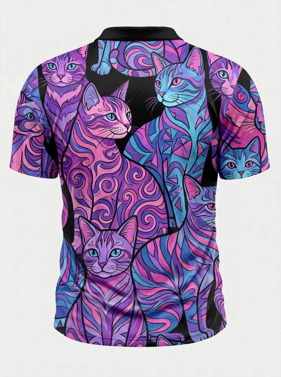 Moisture Wicking Golf Polo 3D Purple Pink Cat Button Short Sleeve Golf Polo Shirt