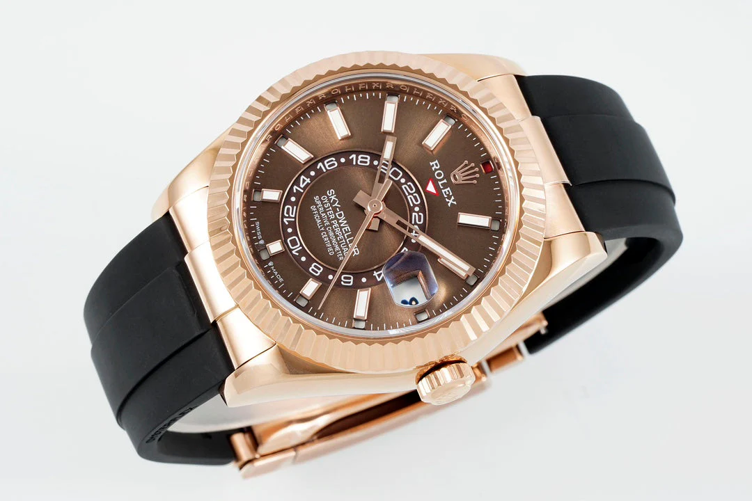 Rolex Sky-Dweller 42mm Rose Gold Case Brown Dial Rubber Strap