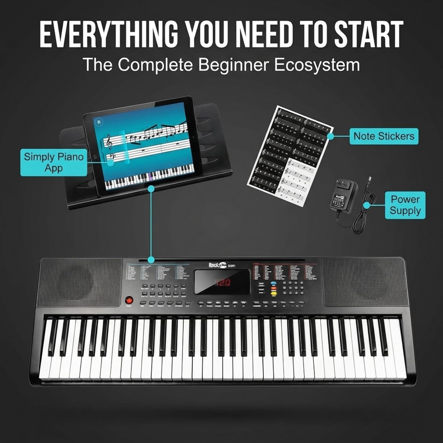 61-Key Compact Keyboard Piano with LED Display, Keynote Stickers & Lessons