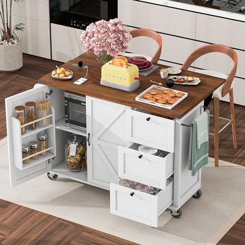 Ball & Cast Farmhouse Kitchen Island with Power Outlet,Dining Storage Island with Drop Leaf,Spice Rack and Drawer,Rolling Dining Cart on Wheels for Home,Kitchen,Dining Room,White,54