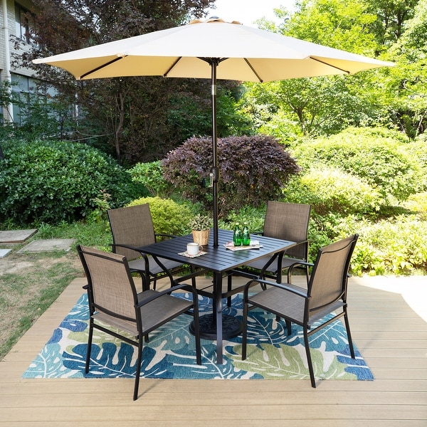 MAISON ARTS 6Piece Patio Dining Set,37 Inch Square Metal Table and 4 Textilene Dining Chairs with 9ft Patio Umbrella