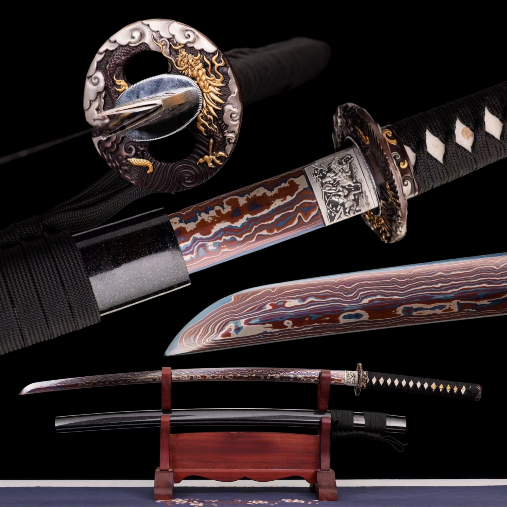 Japanese Katana Tenryu Hand Forged Damascus Steel Blued Full Tang