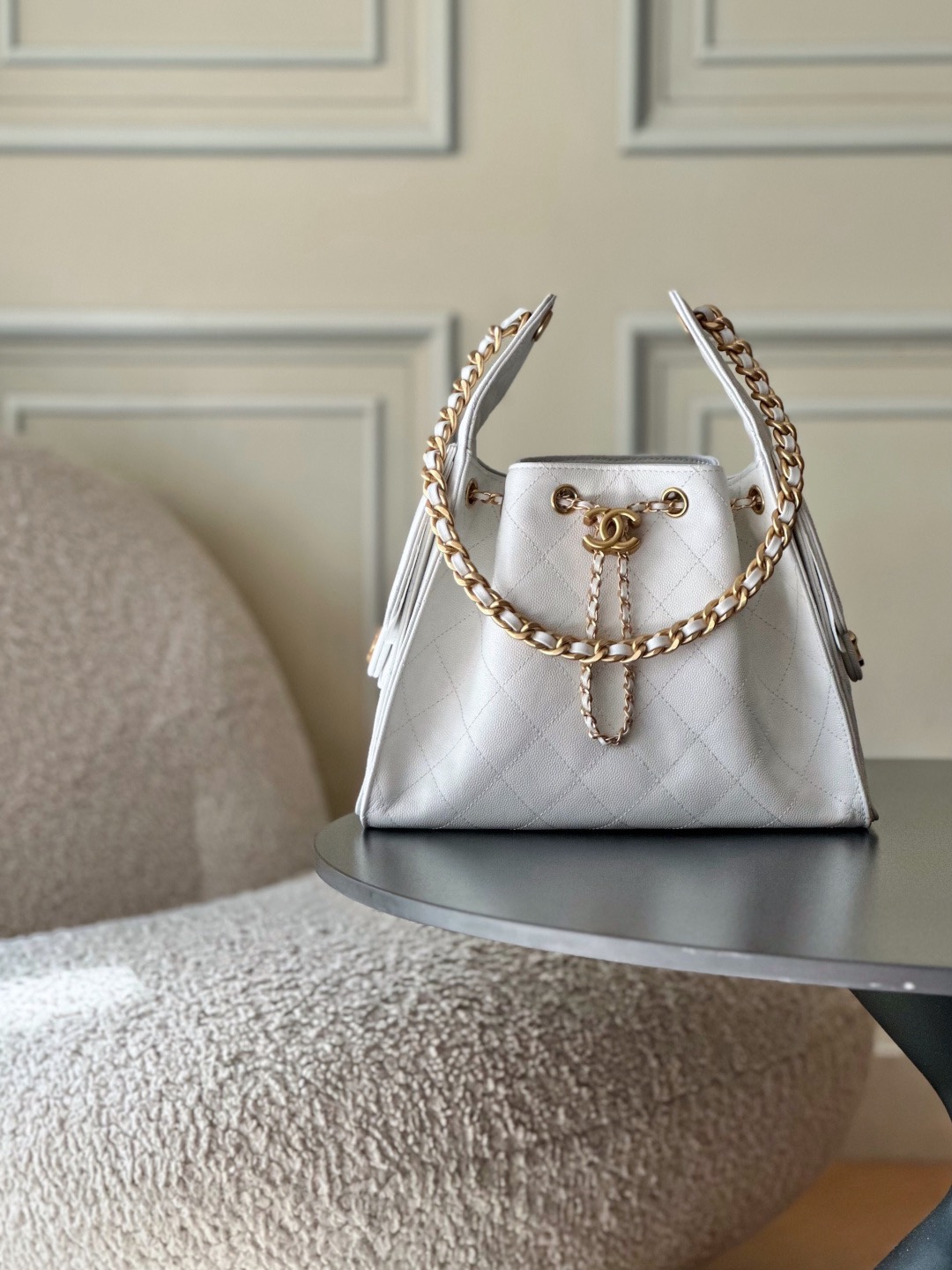 Chanel 25bag 25C Caviar leather white & gold small
