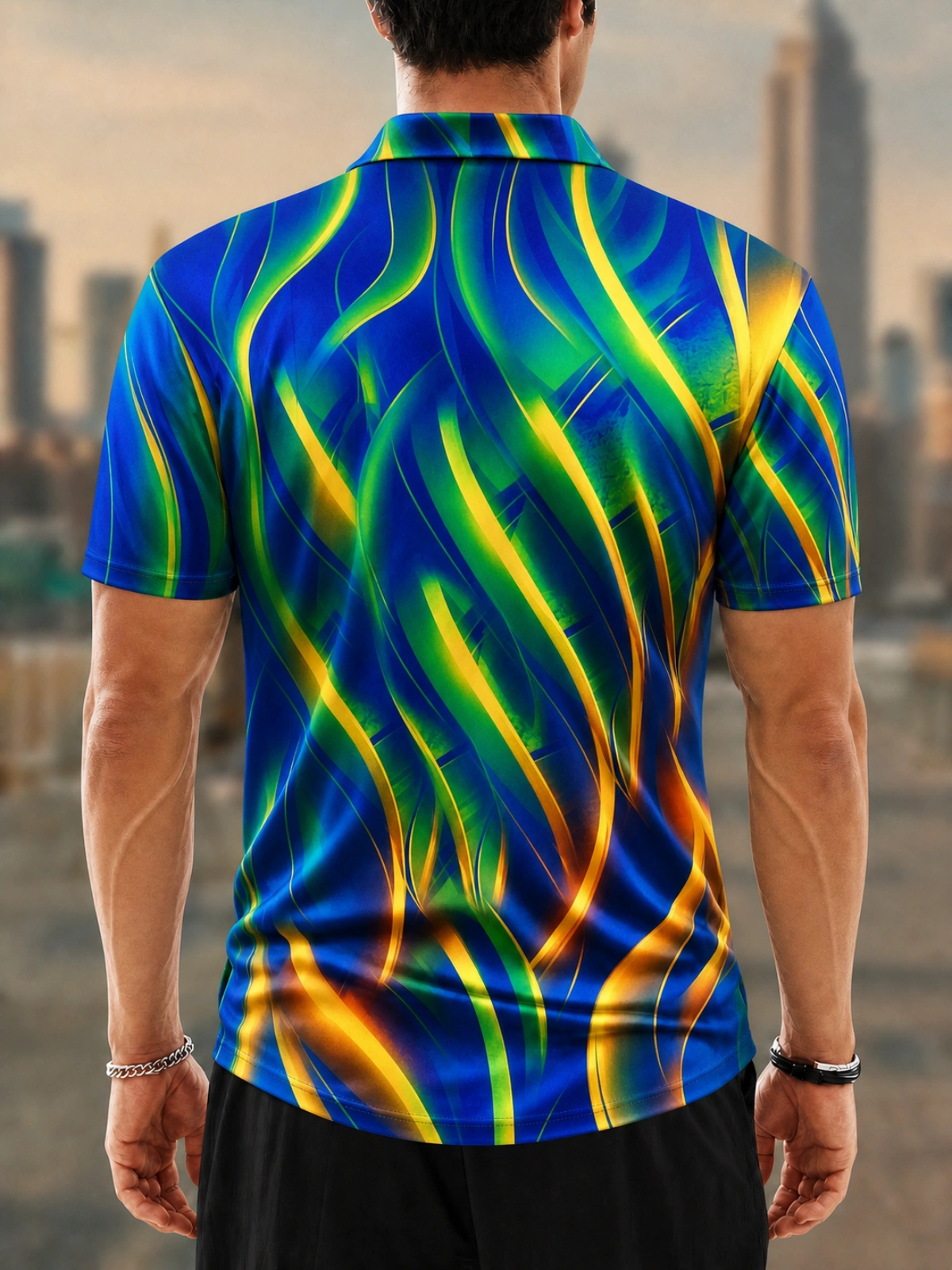 Moisture Wicking Golf Polo 3D Blue Green Gold Swirl Abstract Button Short Sleeve Golf Polo Shirt