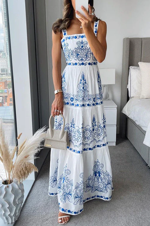 Tiered Square Neck Maxi Dress | Unique PrintClistos