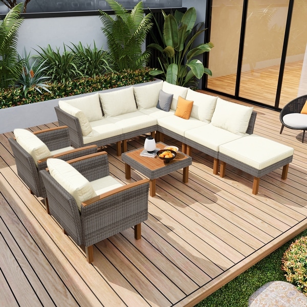 9Piece Patio Rattan Furniture Set,Beige 8