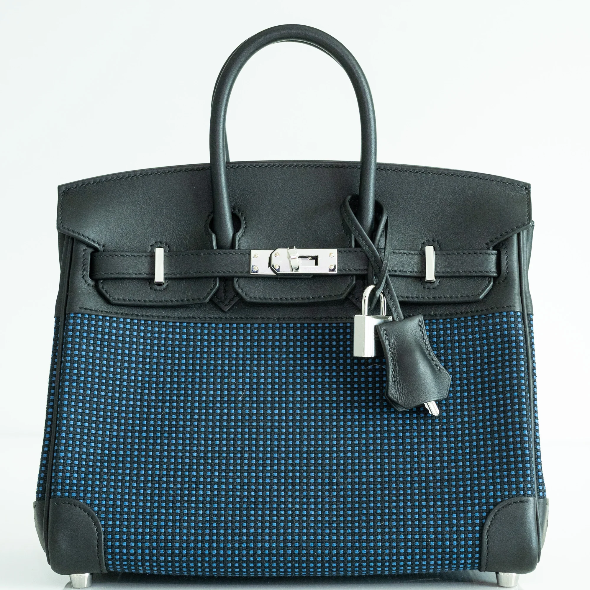 Hermès Birkin 25 Quadrille Bleu de Malte/Noir Toile Canvas Swift Palladium Hardware