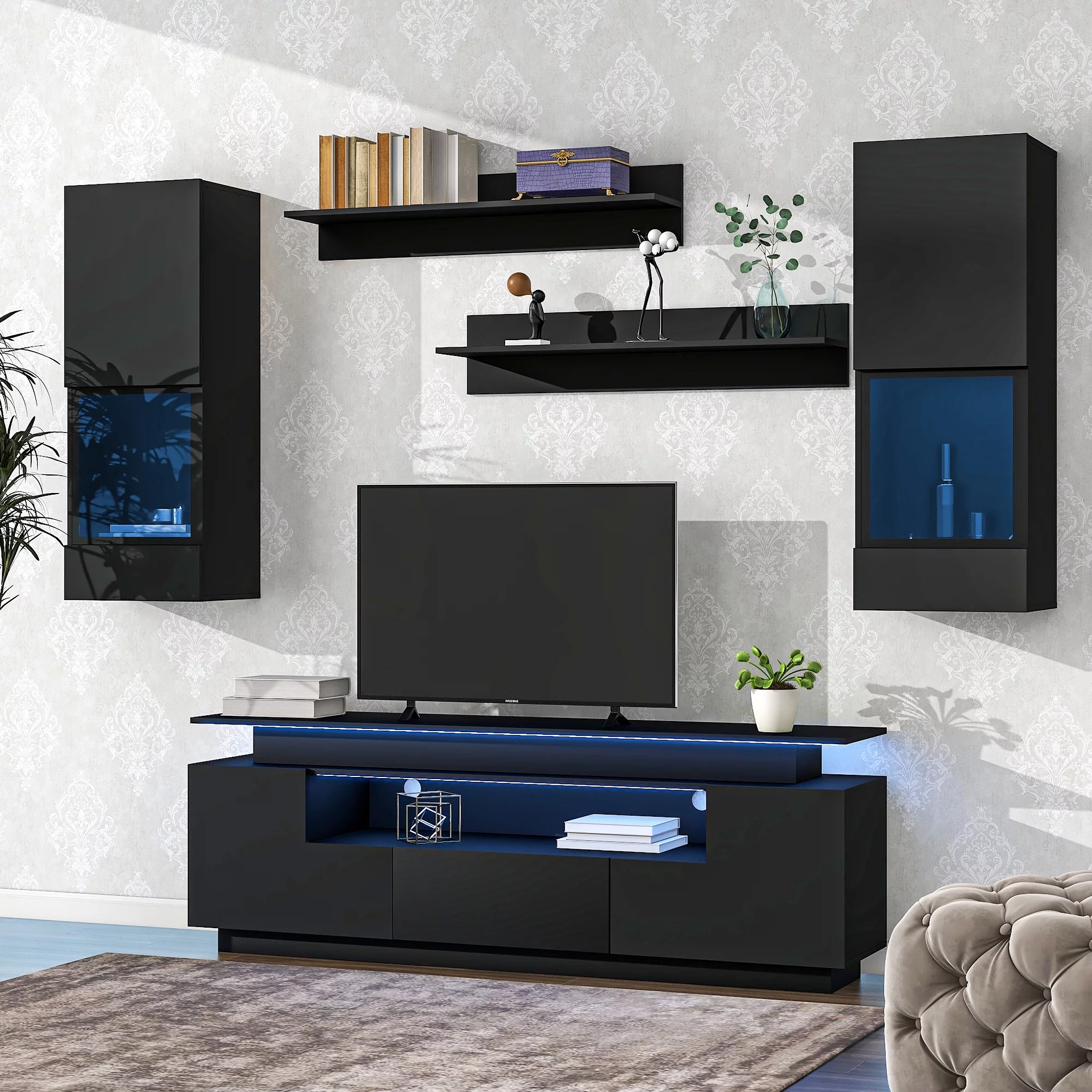 EUROCO Stylish Functional TV stand, 5 Pieces Floating TV Stand Set, High Gloss Wall Mounted Entertainment Center with 16-color LED Light Strips for 75+ inch TV, Black