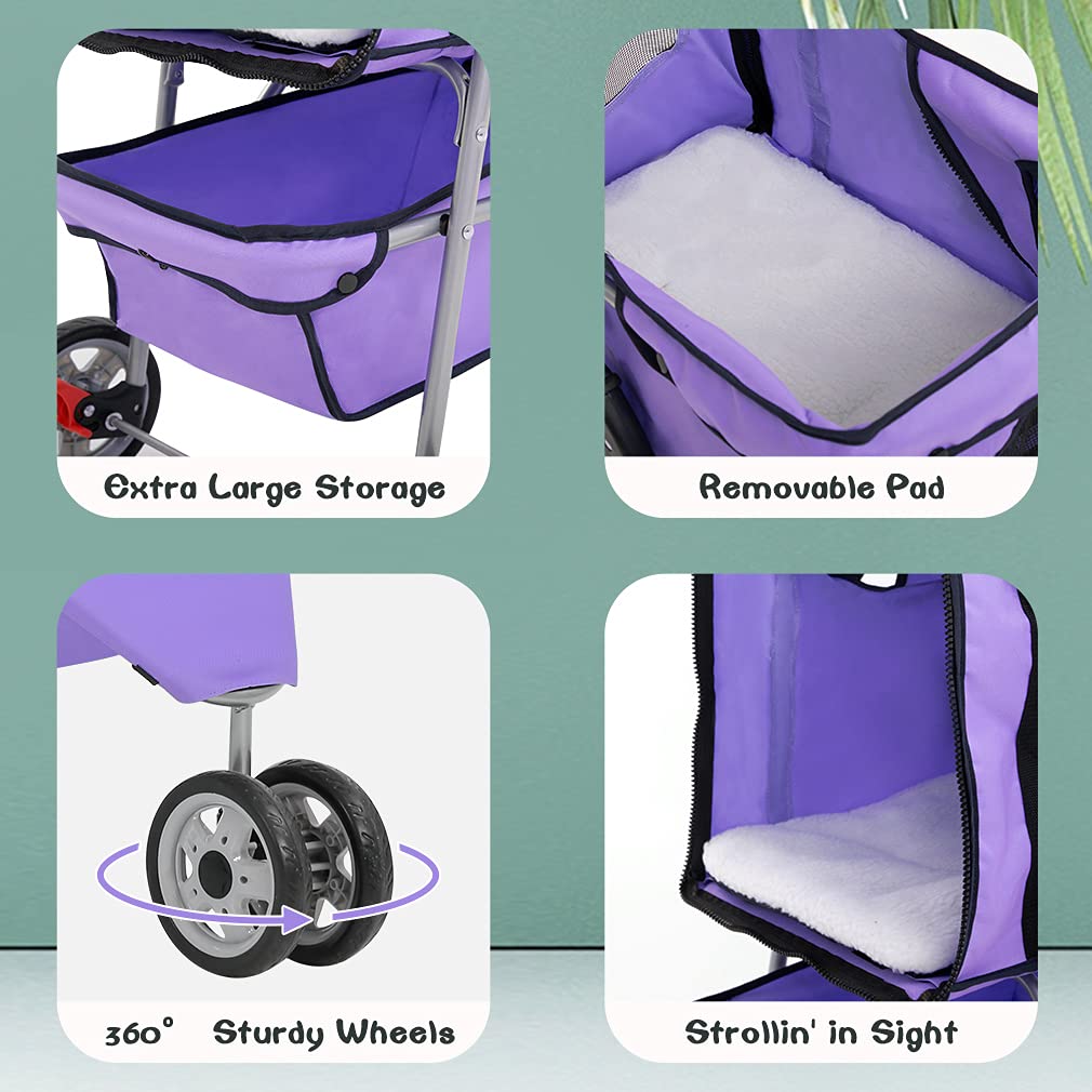 BestPet 3 Wheel Collapsible Pet Stroller,Purple