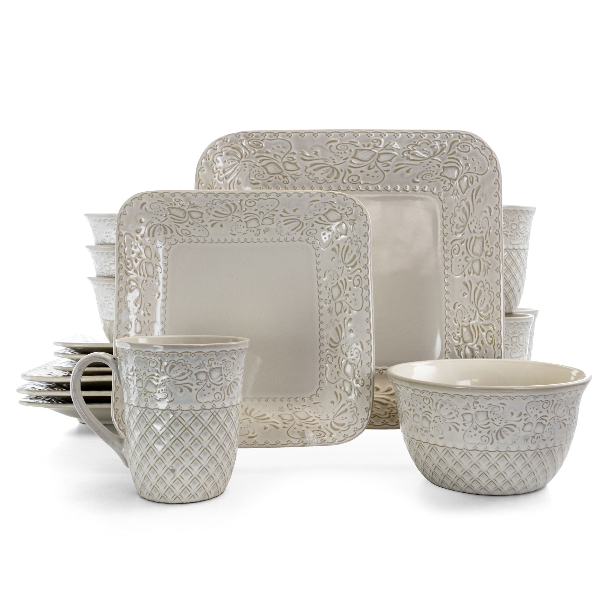 Elama Ivory Lotus 16 Piece Square Stoneware Dinnerware Set
