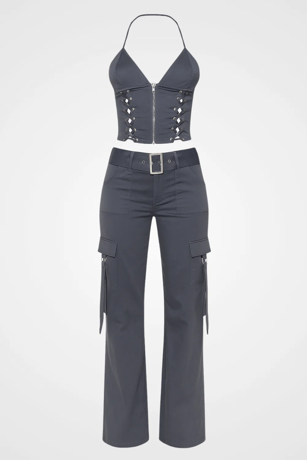 Lace-Up Halter Backless Crop Top & Cargo Pants SetClistos