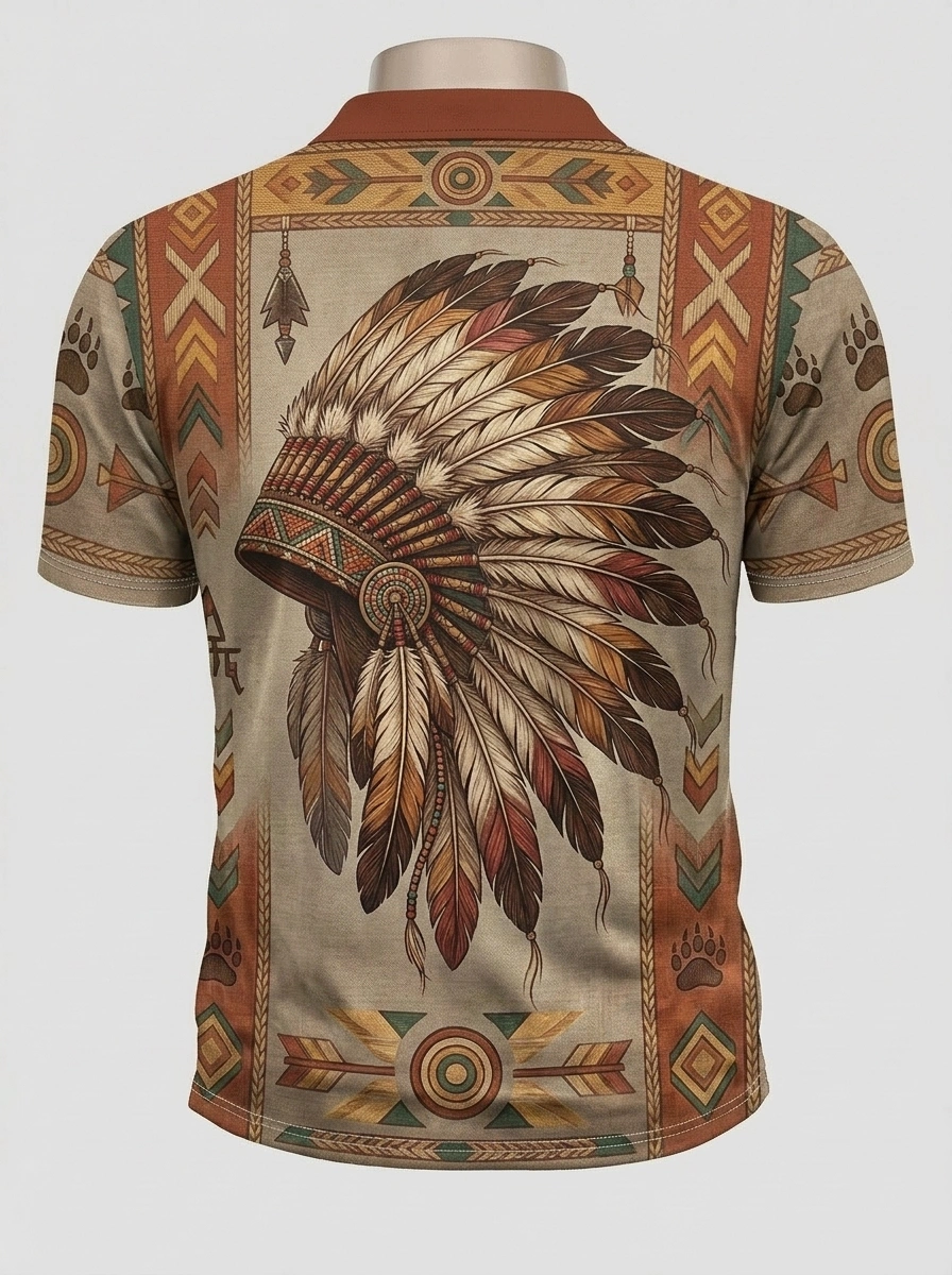 Moisture Wicking Golf Polo 3D Native American Headdress Button Short Sleeve Golf Polo Shirt