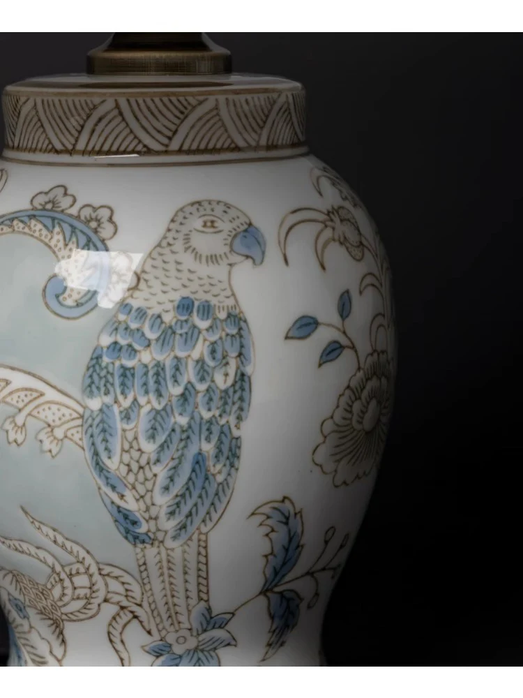 LA048 - Study Series Oriental Paris Hand-painted Ceramic Parrot Blue Study Bedroom Table Lamp Bedside Lamp