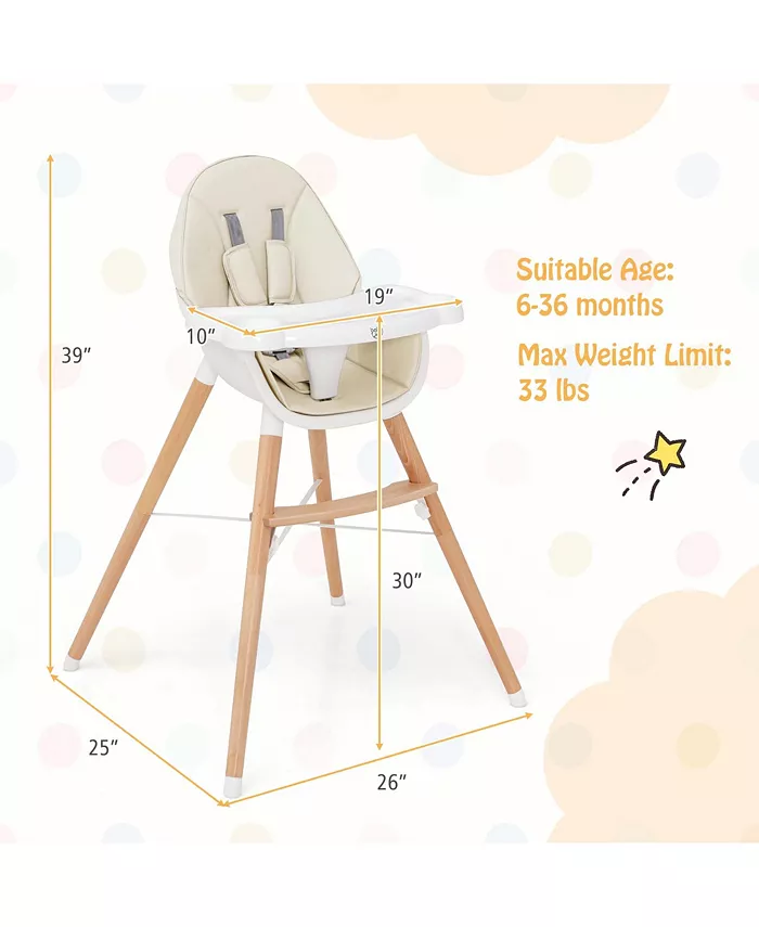 Costway Baby High Chair Wooden Feeding Chair with 4-Gear Tray and Removable Cushion