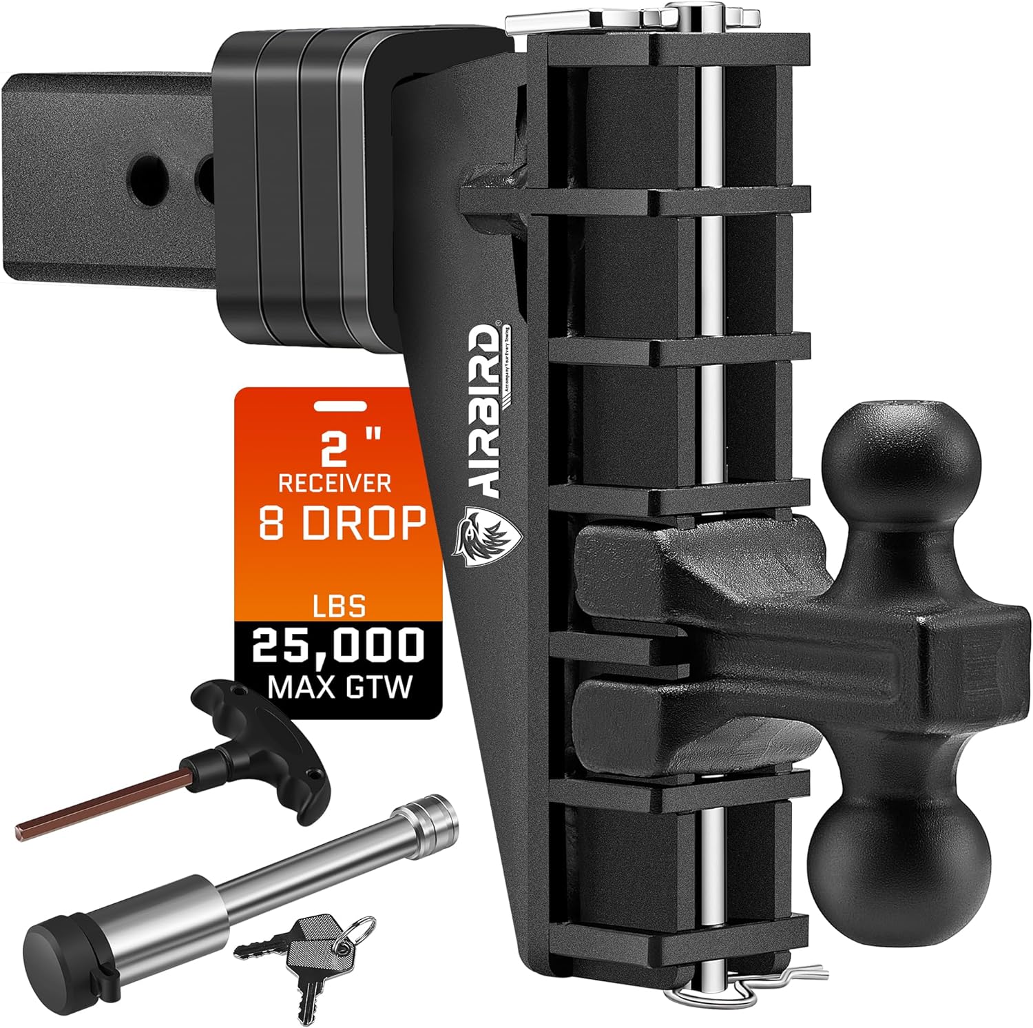 Adjustable Trailer Hitch Fits 2-Inch Receiver, Heavy Duty Tow Hitches (17000 LBS GTW) 6 Inch Drop Truck Hitch Tri-Ball Mount with Hook (1-7/8