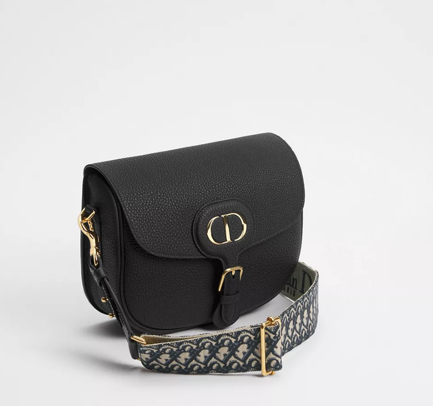 Large Dior Bobby Bag Black Grained Calfskin with Blue Dior Oblique Embroidered Shoulder Strap