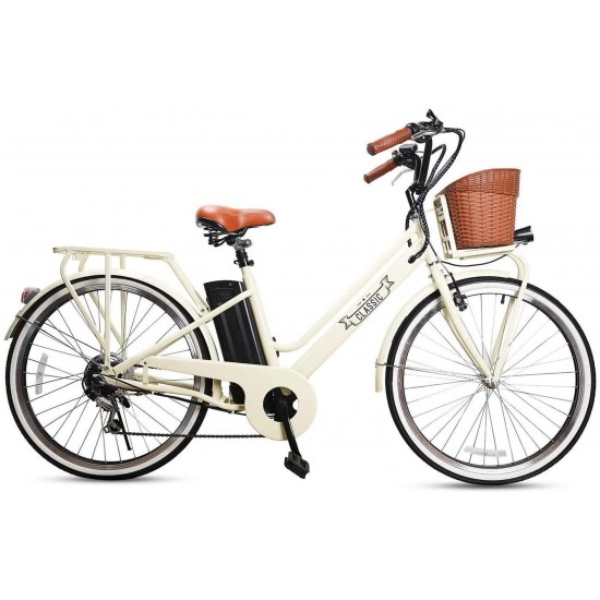26″ Adult Electric Bicycle 250W Ebike for Female City Electric Bike with Bakset and Removable 36V12A Large Capacity Battery