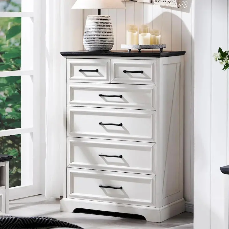 Rustic Farmhouse Dresser – 6-Drawer Wooden Chest with Distressed Wood Finish