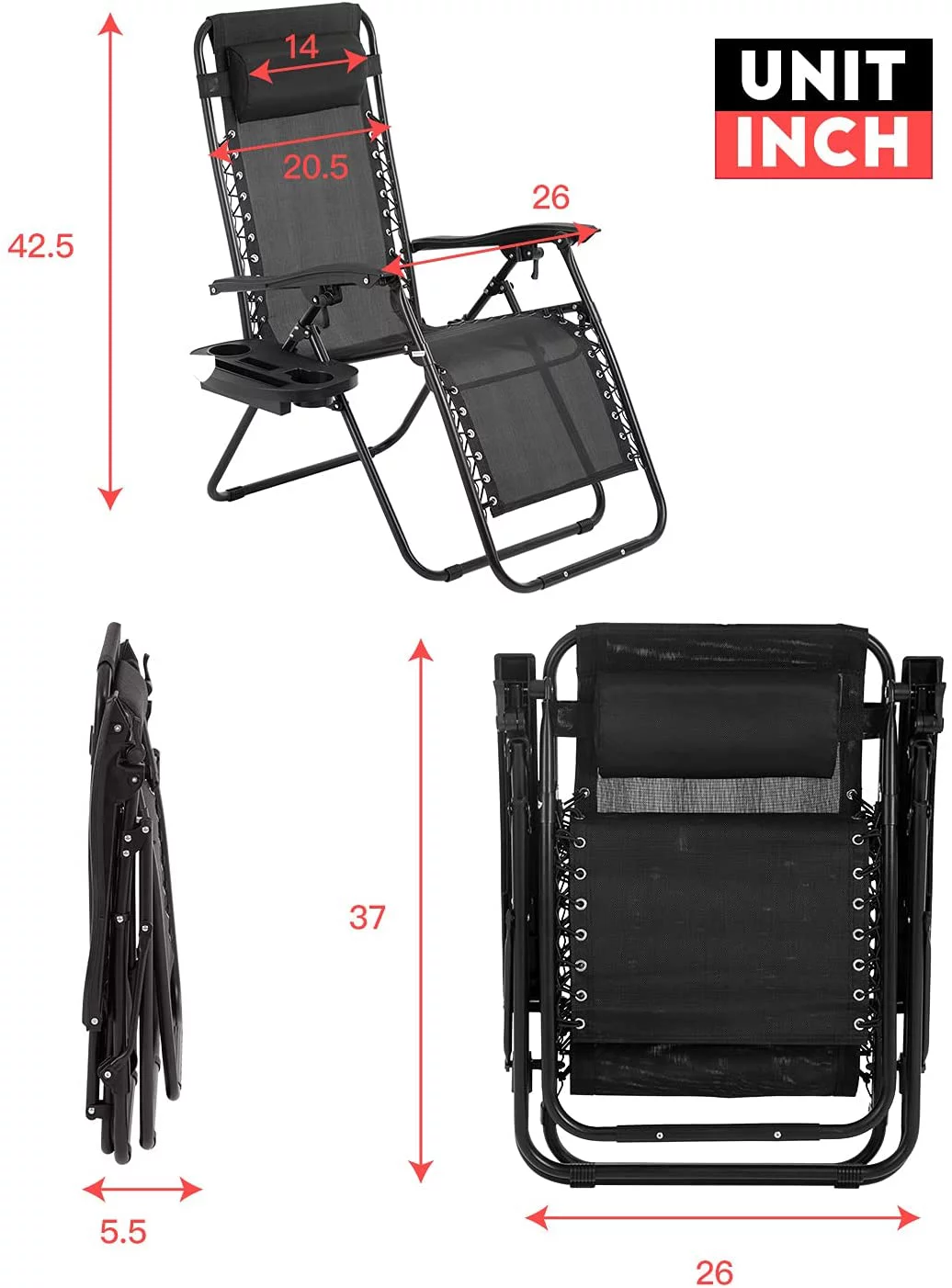 Dkeli Zero Gravity Chair Folding Mesh Zero Gravity Recliner with Cup Holder and Pillow Support 300lbs for Deck, Lawn, Poolside, Camping, Black