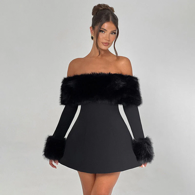 Off Shoulder Fur Trim A-Line Mini DressClistos