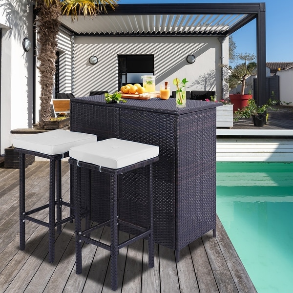3 Piece Patio Bar Set,Outdoor Bar Table and Chairs Set for 2,Tiki Wicker Bar Table Set with Stools and Removable Cushions
