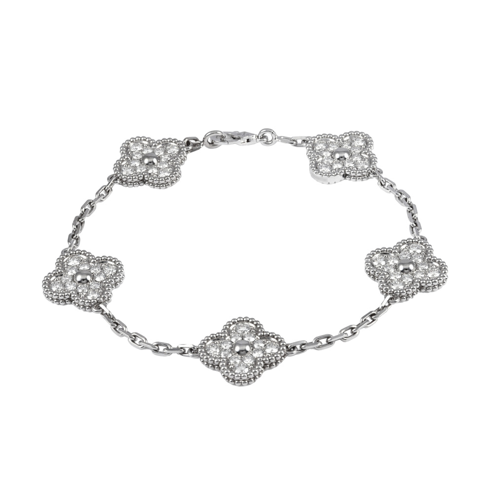 Van Cleef & Arpels Vintage Alhambra 5 Motifs Bracelet 18K White Gold Diamond VCARA41500