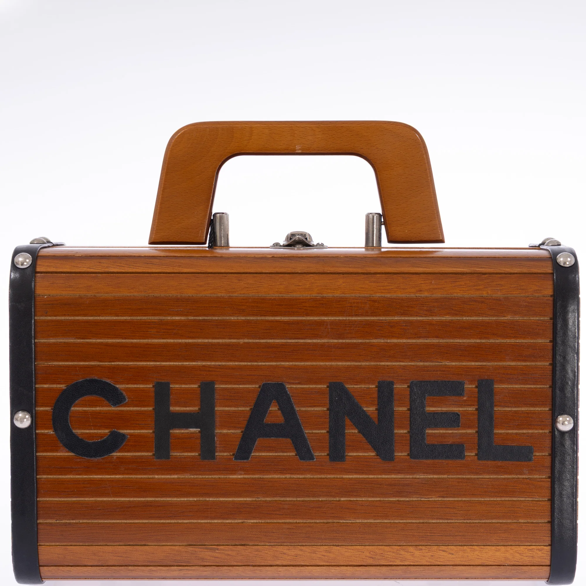 Chanel Wood Vanity Box Bag Brown Wood Black Leather Silver-Tone Hardware
