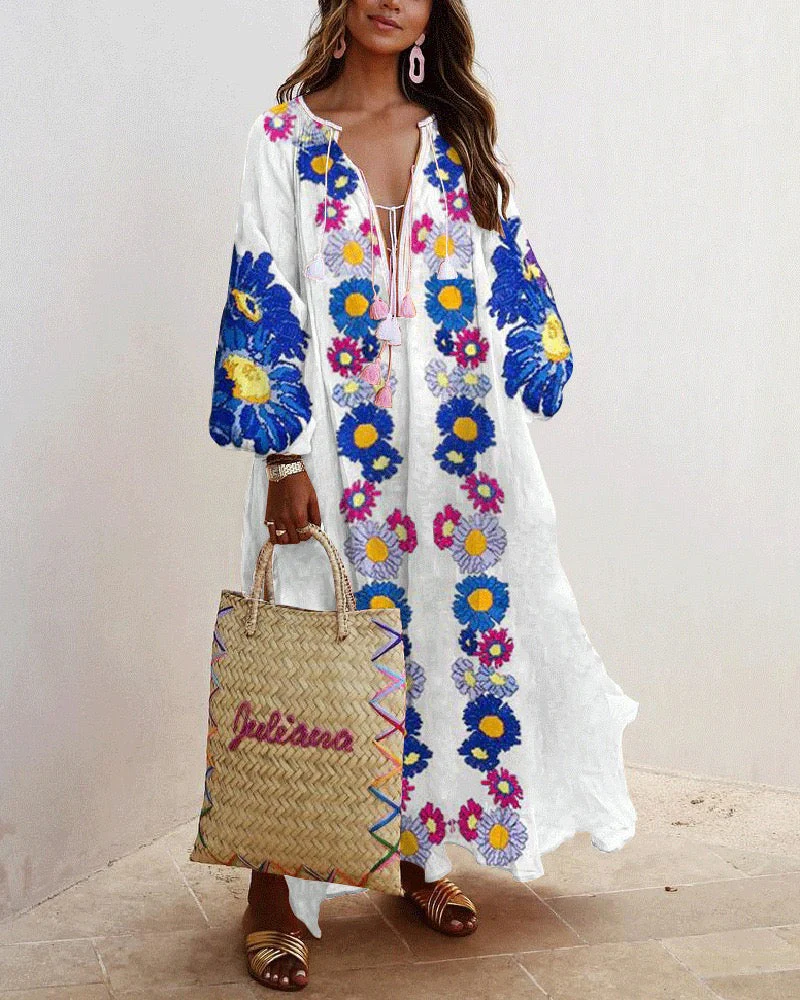 Plunging V-Neck Floral Maxi Dress with Puff SleevesClistos