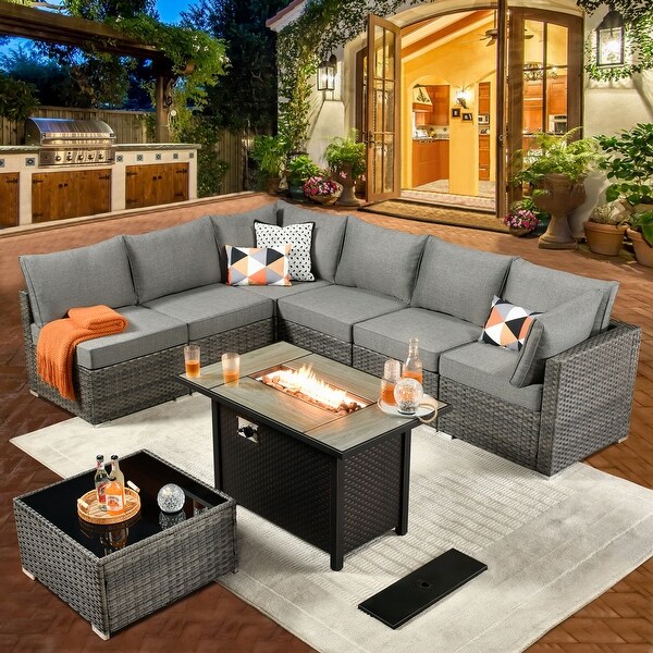 HOOOWOOO 8piece Patio Furniture Set Wicker Sectional Sofa with Fire Pit Table