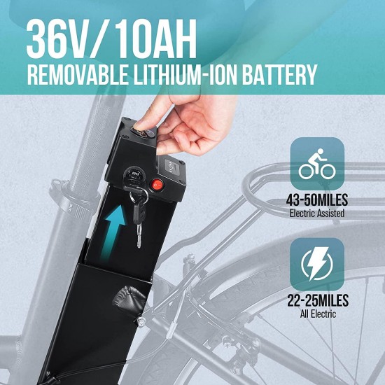 26″ Electric Bike, Removable 36V/10Ah Lithium-ion Battery, Max Speed 15.5MPH, 6/7-Speed Gear Electric Commuter Bike with Throttle & Pedal Assist