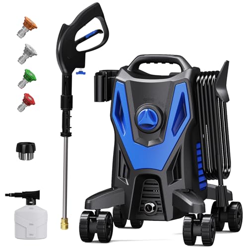 Electric Pressure Washer - 4800PSI 2.8GPM Power Washer with 500ML Foam Cannon, 4 Nozzle Tips, with 4-Wheel Anti-Tip Technology, 360° Swivels High Pressure Cleaning Machine for Cars, Driveways, Patios