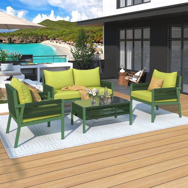 Rope Patio Conversation Set with Tempered Glass Table (4 Pieces)