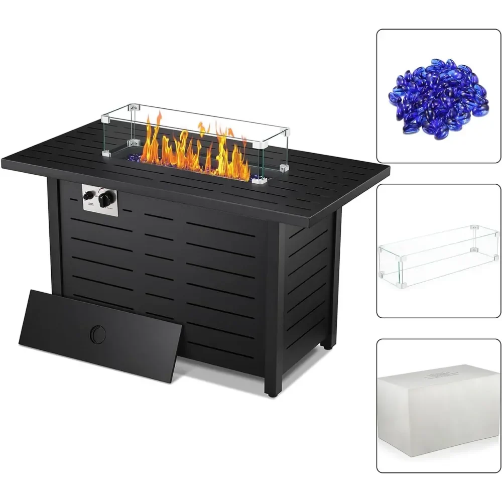 Fire Pit,Propane Fire Pit Table with Blue Glass Rocks and Tempered Glass Wind Guard.Outdoor Fire Pit with Lid and Rain Cover